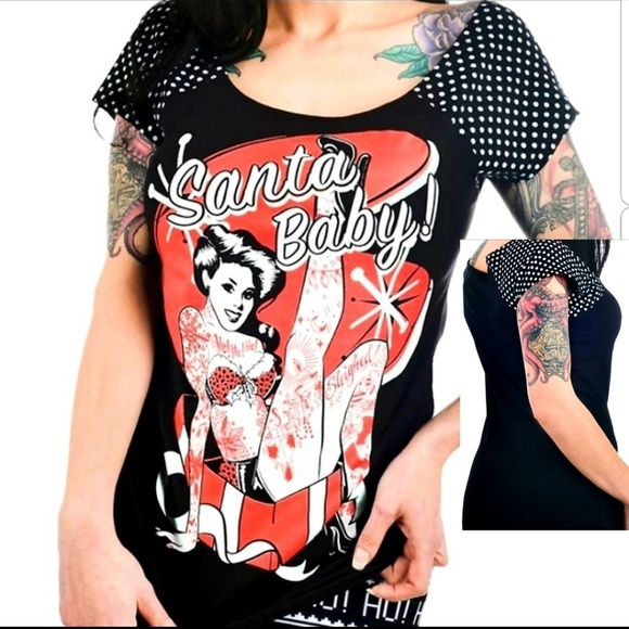 Too Fast Retro Santa Baby Christmas Tattooed Pinup Bikini Girl Top Polka Dot - Picture 3 of 8